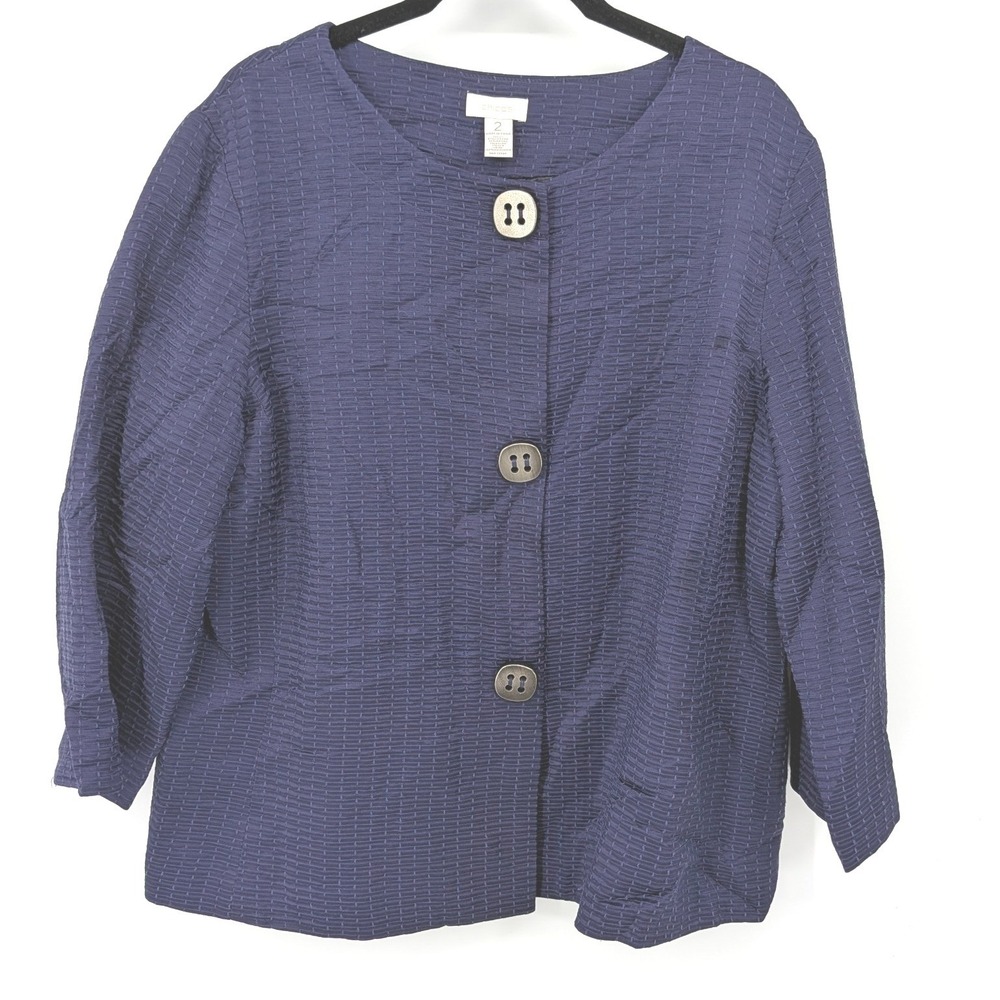 Chicos Silk Blend Jacket Womens Large Navy Blue Textured Button Up Office Mature